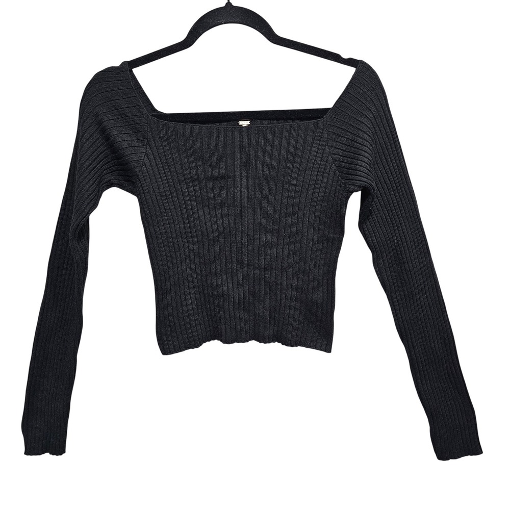 Free People Rib Knit Crop Square Neck Black  Pullover Sweater  Size Large NWT‎